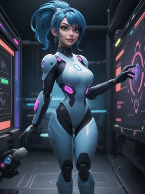 ((full body)), maximum detail, A woman is wearing a white mecha suit with blue parts. The suit has circular neon lights attached in various areas, and it fits tightly on her body. Her breasts are very large. She has blue hair, short, mohawk style, with a ponytail and a large fringe in front of her eyes. She is looking at the viewer. The scene takes place in a laboratory with many machines. There is a table with alchemy equipment, a computer, a plasma TV, a chair, and robots. ((She strikes a sensual pose, interacting with any object or item, leaning, resting and leaning against it)), 8k, best possible quality, ultra detailed, best possible resolution, Unreal Engine 5, professional photography, perfect hand, fingers, hand, perfect