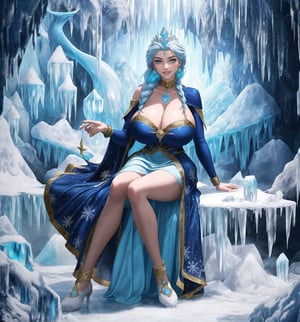A masterpiece of digital art in the style of fantasy, magic, adventure, cold, and winter, rendered in ultra-high resolution with graphic details. | A 22-year-old woman named Elsa, wearing an ice sorceress costume in the color white with light blue and dark blue details. The costume has a long and flowing skirt, a blouse with long sleeves and a high collar, and a light blue tulle cape. She also wears a silver tiara with a blue stone in the center, silver earrings with snowflake-shaped pendants, silver bracelets on her hands, and a silver ring with a small diamond on her left hand. She has blue hair, short and messy, with a larger strand on the left side. Her green eyes are looking at the viewer, smiling, showing her white teeth and lips painted in light blue. The scene takes place in a frozen cave, with a rocky and white marble marble structure covered in ice, ice stalactites and stalagmites, an ice altar in the center, an ice pillar spread throughout the place, and ice sculptures and statues of mythical creatures. | The image highlights Elsa's imposing figure, with her light blue and dark blue details contrasting with the white of the costume and the cave. The details of the tiara, earrings, bracelets, and ring add a touch of elegance and sophistication to her appearance. Elsa's green eyes and her bright, smiling smile and light blue lips add a touch of life and color to the scene. The frozen cave is a magical and enchanted environment, with the rocky and white marble structures covered in ice, the ice stalactites and stalagmites, and the ice sculptures and statues of mythical creatures creating an atmosphere of fantasy and adventure. | Soft and cold lighting effects create a magical and enchanted atmosphere, while detailed textures on Elsa's costume, tiara, earrings, bracelets, ring, and the frozen cave add realism to the image. | A magical and enchanted scene of Elsa, an ice sorceress, in a frozen cave, exploring themes of fantasy, magic, and adventure. | (((((The image reveals a full-body shot as she assumes a sensual pose, engagingly leaning against a structure within the scene in an exciting manner. She takes on a sensual pose as she interacts, boldly leaning on a structure, leaning back in an exciting way)))))). | ((perfect body)), ((perfect pose)), ((full-body shot)), ((perfect fingers, better hands, perfect hands)), ((perfect legs, perfect feet)), (((huge_breasts, big_natural_breasts, sagging_breasts))), ((perfect design)), ((perfect composition)), ((very detailed scene, very detailed background, perfect layout, correct imperfections)), ((More Detail, Enhance)),