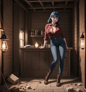 An ultra-detailed 4K masterpiece with industrial and horror styles, rendered in ultra-high resolution with realistic graphical details. | Naiya, a young 23-year-old woman with huge breasts, is dressed in a construction worker's outfit, consisting of a red and black plaid shirt, tight jeans, black work boots, and a yellow hard hat. She is also wearing brown leather gloves, silver heart earrings, and a black leather bracelet. Her blue hair is long and straight, falling over her shoulders in a half-up hairstyle. ((She has red eyes, which are looking straight at the viewer with a seductive smile, showing her shiny white teeth)). It is located in a house under construction, with rubble and bricks scattered across the floor. The place is dark and poorly lit, with lamps scattered across the floor. The rock and wooden structures are under construction, creating an industrial and uncomfortable atmosphere. | The image highlights Naiya's sensual figure and the architectural elements of the house under construction. The rock and wooden structures under construction, along with the rubble and lamps, create an industrial and horror atmosphere. Dim, intermittent lights illuminate the scene, creating eerie shadows and highlighting the details of the scene. | Soft, shadowy lighting effects create a tense, fear-filled atmosphere, while detailed textures on skin and clothing add realism to the image. | A frightening and seductive scene of a young woman dressed as a construction worker in a house under construction, exploring themes of industrial, horror, fear and seduction. | (((The image reveals a full-body shot as Naiya assumes a sensual pose, engagingly leaning against a structure within the scene in an exciting manner. She takes on a sensual pose as she interacts, boldly leaning on a structure, leaning back and boldly throwing herself onto the structure, reclining back in an exhilarating way.))). | ((((full-body shot)))), ((perfect pose)), ((perfect arms):1.2), ((perfect limbs, perfect fingers, better hands, perfect hands, hands)), ((perfect legs, perfect feet):1.2), Naiya has (((huge breasts))), ((perfect design)), ((perfect composition)), ((very detailed scene, very detailed background, perfect layout, correct imperfections)), Enhance, Ultra details, More Detail, ((poakl))