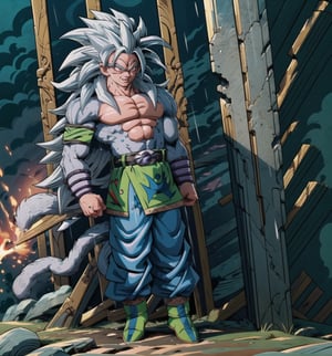 ((Masterpiece in 8K resolution, style inspired by Dragon Ball, with horror and macabre elements, sharp details and cinematic framing)). | In an ancient, haunted temple, Goku appears in his Super Saiyan 5 form, displaying an aura of unparalleled power and fury. His hair, now white and gold, waves wildly as he radiates intense energy. His eyes, green and penetrating, convey extreme fury, as he looks directly at the viewer, challenging any opponent who dares cross his path. | The setting is a macabre temple, with gothic and decadent architecture, covered in moss and rusting. The torrential rain falling in the dark night adds an ominous and frightening atmosphere to the scene. Lightning lights up the sky, highlighting Goku's imposing figure. | The composition highlights Goku's powerful and aggressive posture, with low angles and dramatic lighting, highlighting his muscles and the frightening atmosphere of the place. | Fog effects, cold lighting and deep shadows increase the tension and fear in the scene. | Goku in his Super Saiyan 5 form in a terrifying and macabre setting, ready to face any challenge. | The camera is positioned very close to him, revealing his entire body as he assumes a heroic-pose, interacting with and leaning against a structure in the scene in an exciting way. | (((He takes a heroic-pose as he interacts, boldly leaning on a structure, leaning back in an exciting way))), (((((full body image))))), ((perfect_pose, perfect_anatomy, perfect_body)), ((better_hands, perfect_fingers, perfect_legs, perfect_hands)), ((perfect_composition, perfect_design, perfect_layout, perfect_detail, ultra_detailed, enhance_details, correct_imperfections):1.2), ((More Detail, Enhance)), ((Super_Saiyan_5_Goku))