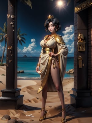 ((full body, standing):1.5), {((1 woman))}, {((fully swaddled body with white bands, in black Egyptian clothing with golden parts)), ((extremely big breasts)), ((very short black hair with gold crown and gynetia, blue eyes)) looking at the viewer, smiling, very happy, ((exhibitionist pose leaning against)), ((in front of a pyramid, entrance, statues, sand, sand wind, coconut trees , it's daylight, strong sun))}, 16k, best quality, best resolution, best sharpness, ultra detailed