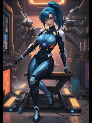 A woman is wearing a white mecha suit with blue parts. The suit has circular neon lights attached in various areas, and it fits tightly on her body. Her breasts are very large. She has blue hair, short, mohawk style, with a ponytail and a large fringe in front of her eyes. She is looking at the viewer. The scene takes place in a laboratory with many machines. There is a table with alchemy equipment, a computer, a plasma TV, and robots. She (((strikes a sensual pose, interacting with any object or item, leaning, resting and leaning against it))) + (((full body))), 8k, best possible quality, ultra detailed, best possible resolution, Unreal Engine 5, professional photography, perfect hand, fingers, hand, perfect,