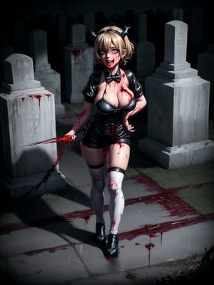 ((full body, standing):1.5), {((1 female Vampire))}, {((wearing extremely tight and short black maid outfit on the body, extremely tight and short white shorts, black pointy horns on the head)) , ((extremely gigantic and firm breasts)), ((short blond hair, blue eyes)), ((blood on body and floor):1.3), looking at viewer, maniacal smile, ((doing erotic pose, holding a whip)), ((in a ghoulish cemetery, raining heavily, lots of zombies, zombies coming out of the grave, zombies walking in the cemetery))}, 16k, high quality, high detail, UHD