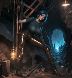 A masterpiece in 4K ultra-detailed realistic and futuristic style. | Ayla, a 26-year-old woman with short, messy blue hair, wears a brown mining suit with copper and black accents. The suit consists of a short-sleeved shirt, long pants, and high-top boots. She also wears a protective helmet with a lamp on the front, brown leather gloves, a belt with various tools, and a copper pocket watch. Her green eyes are looking at the viewer, ((smiling)) showing her white teeth and lips painted in dark brown. The scene takes place in a mining cave, with rocky structures and wooden and metal frameworks, mining machinery and equipment, and lamps attached to the walls. | The image highlights Ayla's imposing figure amidst the mining cave. The rocky, wooden, and metal structures, along with Ayla, the mining equipment, the tools on her belt, and the lamps on the walls, create a futuristic and industrial atmosphere. The lamps and the light from the helmet's lamp create dramatic shadows and highlight the details of the scene. | Soft and dark lighting effects create a relaxing and mysterious atmosphere, while rough and detailed textures on the structures and the suit add realism to the image. | A relaxing and terrifying scene of Ayla, a woman miner, in a futuristic mining cave. | ((((The image reveals a full-body_shot as she assumes a sensual_pose, engagingly leaning against a structure within the scene in an exciting manner. She takes on a sensual_pose as she interacts, boldly leaning on a structure, leaning back in an exciting way)))). | ((perfect_body)), ((perfect_pose)), ((full-body_shot)), ((perfect_fingers, better_hands, perfect_hands)), ((perfect_legs, perfect_feet)), ((huge_breasts, big_natural_breasts, sagging_breasts)), ((perfect_design)), ((perfect_composition)), ((very detailed scene, very detailed background, perfect_layout, correct_imperfections)), ((More Detail, Enhance))