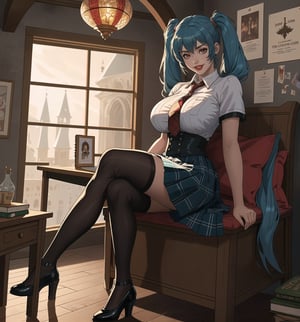 A 16K ultra-detailed masterpiece in realistic and adventure styles, rendered in ultra-high resolution with graphic details. | Aya, a 23-year-old young woman with enormous breasts, wearing a school uniform including a plaid skirt, a white blouse, knee-high socks, black shoes, and a tie. Long blue hair with two pigtails secured with metallic clips. Red eyes, looking at the viewer, smiling and showing teeth, wearing red lipstick and rosy cheeks. Located in a room with walls decorated with posters, an unmade bed, a study table with books and notebooks, and personal items scattered around. Natural light from the window illuminates the scene, highlighting the typical disorder of a gothic room. | The image emphasizes Aya's imposing figure and the architectural elements of the room. The rocky, wooden, and marble structures, along with the young woman, the bed, the study table, the posters, and the personal items, create a frightening and seductive atmosphere. The natural light from the window creates dramatic shadows and highlights the details of the scene. | Soft and somber lighting effects create a relaxing and mysterious atmosphere, while rough and detailed textures in the structures and the outfit add realism to the image. | A relaxing and terrifying scene of a young woman in a gothic room, blending elements of macabre art and fantasy. | (((The image reveals a full-body shot as Aya assumes a sensual pose, engagingly leaning against a structure within the scene in an exciting manner. She takes on a sensual pose as she interacts, boldly leaning on a structure, leaning back and boldly throwing herself onto the structure, reclining back in an exhilarating way.))). | (((full-body shot))), perfect pose++, perfect arms++, perfect limbs++, perfect fingers++, better hands++, perfect hands++, hands++, perfect legs++, perfect feet++, Aya has perfect breasts++, firm breasts++, saggy breasts++, huge breasts++, perfect composition++, correct imperfections++, Enhance++, More Detail++, poakl++