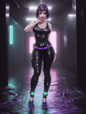((Full body):2) {((Solo/Just a 30 year old woman):2)}:{((wearing black cyberpunk costume with neon lights extremely tight and tight on the body, semi transparent):1.5), ((extremely large breasts):1.5), only she has ((very short purple hair, green eyes):1.5), ((looking at viewer, maniacal smile):1.5), She has ((body/attire all soaked in water):1.3) she is doing ((erotic pose):1.5)}; {Background:In a futuristic city raining heavily, (in front of the entrance to a party club with several people in line):1.5)}, Hyperrealism, 16k, ((best quality, high details):1.4), anatomically correct , masterpiece, UHD