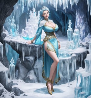 A masterpiece of digital art in the style of fantasy, magic, adventure, cold, and winter, rendered in ultra-high resolution with graphic details. | A 22-year-old woman named Elsa, wearing an ice sorceress costume in the color white with light blue and dark blue details. The costume has a long and flowing skirt, a blouse with long sleeves and a high collar, and a light blue tulle cape. She also wears a silver tiara with a blue stone in the center, silver earrings with snowflake-shaped pendants, silver bracelets on her hands, and a silver ring with a small diamond on her left hand. She has blue hair, short and messy, with a larger strand on the left side. Her green eyes are looking at the viewer, smiling, showing her white teeth and lips painted in light blue. The scene takes place in a frozen cave, with a rocky and white marble marble structure covered in ice, ice stalactites and stalagmites, an ice altar in the center, an ice pillar spread throughout the place, and ice sculptures and statues of mythical creatures. | The image highlights Elsa's imposing figure, with her light blue and dark blue details contrasting with the white of the costume and the cave. The details of the tiara, earrings, bracelets, and ring add a touch of elegance and sophistication to her appearance. Elsa's green eyes and her bright, smiling smile and light blue lips add a touch of life and color to the scene. The frozen cave is a magical and enchanted environment, with the rocky and white marble structures covered in ice, the ice stalactites and stalagmites, and the ice sculptures and statues of mythical creatures creating an atmosphere of fantasy and adventure. | Soft and cold lighting effects create a magical and enchanted atmosphere, while detailed textures on Elsa's costume, tiara, earrings, bracelets, ring, and the frozen cave add realism to the image. | A magical and enchanted scene of Elsa, an ice sorceress, in a frozen cave, exploring themes of fantasy, magic, and adventure. | (((((The image reveals a full-body shot as she assumes a sensual pose, engagingly leaning against a structure within the scene in an exciting manner. She takes on a sensual pose as she interacts, boldly leaning on a structure, leaning back in an exciting way)))))). | ((perfect body)), ((perfect pose)), ((full-body shot)), ((perfect fingers, better hands, perfect hands)), ((perfect legs, perfect feet)), (((huge_breasts, big_natural_breasts, sagging_breasts))), ((perfect design)), ((perfect composition)), ((very detailed scene, very detailed background, perfect layout, correct imperfections)), ((More Detail, Enhance)),