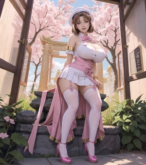 Masterpiece in maximum 16K resolution, in a style inspired by the anime Sakura_Card_Captor. | Sakura_Kinomoto, now 30 years old, displays all her maturity and magical power in a stunning all-white mage outfit adorned with pink details. Her short accordion skirt, white stockings with pink bands, and pink shoes complement the harmony of the look. We cannot help but highlight her gigantic_breasts, which are an intrinsic part of her unique beauty. | The scene unfolds in an ancient temple near a majestic waterfall, featuring white marble structures, altars with ancient writings, and a variety of spirit animals. Sakura is looking directly at the viewer, her green eyes radiating confidence as she offers a captivating smile. Her short brown hair with a large fringe in front of her right eye adds a contemporary touch to her image. The white beret with a pink band and golden accessories, including a golden star in the center, further enhances her magical presence. | The visual composition highlights the magic in the air, with appropriate lighting emphasizing the details of the outfit and the enchanted environment. | Sakura Kinomoto, at 30 years old, in a mage outfit inspired by Card Captor Sakura, displaying her huge breasts in a mystical setting of an ancient temple next to a waterfall. | {The camera is positioned very close to her, revealing her entire body as she adopts a sensualc_pose, interacting with and leaning on a structure in the scene in an exciting way.} | She is adopting a (((sensualc_pose as interacts, boldly leaning on a structure, leaning back in an exciting way))), ((sensualc_pose):1.3), ((perfect_pose)), ((perfect_pose):1.5), (((full body))), ((well_defined_face, ultra_detailed_face, well_defined_eyes, ultra_detailed_eyes)), ((perfect_finger, perfect_hand)), (better_hands), huge breasts, ((More Detail)),