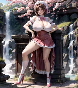 Masterpiece in maximum 16K resolution, in a style inspired by the anime Sakura_Card_Captor. | Sakura_Kinomoto, now 30 years old, displays all her maturity and magical power in a stunning all-white mage outfit adorned with pink details. Her short accordion skirt, white stockings with pink bands, and pink shoes complement the harmony of the look. We cannot help but highlight her gigantic_breasts, which are an intrinsic part of her unique beauty. | The scene unfolds in an ancient temple near a majestic waterfall, featuring white marble structures, altars with ancient writings, and a variety of spirit animals. Sakura is looking directly at the viewer, her green eyes radiating confidence as she offers a captivating smile. Her short brown hair with a large fringe in front of her right eye adds a contemporary touch to her image. The white beret with a pink band and golden accessories, including a golden star in the center, further enhances her magical presence. | The visual composition highlights the magic in the air, with appropriate lighting emphasizing the details of the outfit and the enchanted environment. | Sakura Kinomoto, at 30 years old, in a mage outfit inspired by Card Captor Sakura, displaying her huge breasts in a mystical setting of an ancient temple next to a waterfall. | {The camera is positioned very close to her, revealing her entire body as she adopts a sensualc_pose, interacting with and leaning on a structure in the scene in an exciting way.} | She is adopting a (((sensualc_pose as interacts, boldly leaning on a structure, leaning back in an exciting way))), ((sensualc_pose):1.3), ((perfect_pose)), ((perfect_pose):1.5), (((full body))), ((well_defined_face, ultra_detailed_face, well_defined_eyes, ultra_detailed_eyes)), ((perfect_finger, perfect_hand)), (better_hands), huge breasts, ((More Detail)),