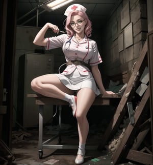 An ultra-detailed 16K masterpiece featuring gothic, horror and medical styles, rendered in ultra-high resolution with realistic details. | Maria, a young 23-year-old woman, dressed in a white nurse's outfit with red details, consisting of a white blouse with buttons, a white skirt and white shoes. Her short, curly pink hair is slicked back with a white headband. ((His green eyes look at the viewer, smiling and showing his white teeth, wearing prescription glasses)). It is located in a macabre and dark hospital, with destroyed marble structures, wooden structures, old and dirty medical equipment, and broken monitoring devices. The dim, yellow light illuminates the place, creating eerie shadows on the walls and floor. | The image highlights Maria's professional and caring figure and the frightening elements of the hospital. The destroyed marble structures, wooden structures, old and dirty medical equipment, broken monitoring devices, along with the nurse, create a scary and medical environment. Dim, yellow lighting highlights details in the scene and creates eerie shadows. | Dark, dramatic lighting effects create a tense and frightening atmosphere, while rough, detailed textures on structures and costume add realism to the image. | A gothic, horror and medical scene of a young nurse in a macabre hospital, fusing elements of gothic, horror and medical art. | (((The image reveals a full-body shot as Maria assumes a relaxed pose, engagingly leaning against a structure within the scene in an exciting manner. She takes on a relaxed pose as she interacts, boldly leaning on a structure, leaning back and boldly throwing herself onto the structure, reclining back in an exhilarating way.))). | ((((full-body shot)))), ((perfect pose, perfect body):1.2), ((perfect arms):1.2), ((perfect limbs, perfect fingers, better hands, perfect hands, hands)), ((perfect legs, perfect feet):1.2), ((perfect design)), ((perfect composition)), ((very detailed scene, very detailed background, perfect layout, correct imperfections)), Enhance++, Ultra details++, More Detail, poakl