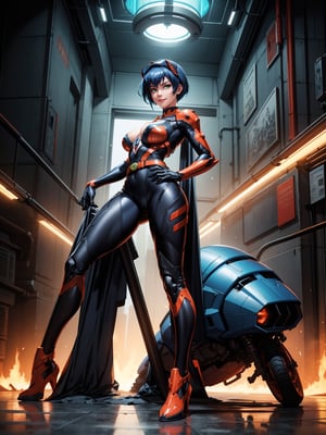A woman, wearing mecha costume+Super Man costume, black costume with blue parts, belt suit, extremely big breasts, blue hair, short hair, punk hair, hair with bangs in front of the eyes, luminous helmet on the head, looking at the viewer, (((pose with interaction and leaning on [something|an object]))), in an alien temple with many machines,  altars with old writing, robots, elevators, ((full body):1.5), 16k, UHD, best possible quality, ultra detailed, best possible resolution, Unreal Engine 5, professional photography, well-detailed fingers, well-detailed hand, perfect_hands, ((mecha)) + ((neon_genesis_evangelion)) + ((super_man))