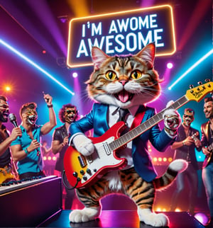 ((Masterpiece in maximum 16K resolution, cartoon style, emphasizing humor, dynamic 3D perspective and rock'n'roll atmosphere)). | A stylish cat, dressed in an elegant suit and tie, is on stage in a nightclub, playing an incredible rock concert. He's holding a sign that reads "I'm awesome" in one hand, while playing an electric guitar with skill and attitude in the other. His confident gaze, thin whiskers and playful facial expression convey all his energy and charisma. The set includes the crowded nightclub, with lively people, colored lights, sound effects and smoke, creating a vibrant and electrifying atmosphere. Three-dimensional composition. Cinematic lighting and elements such as sparkles, soft lighting, smoothness and particles add dynamism. Scene of a stylish cat playing a rock concert in a nightclub, holding a sign with the inscription "I'm awesome". | The camera is positioned very close to him, revealing his entire body as he assumes a dynamic pose, interacting with and leaning against a structure in the scene in an exciting way. | (((He takes a dynamic pose as he interacts, boldly leaning on a structure, leaning back in an exciting way.))), (((((full-body image))))), ((perfect pose, perfect anatomy, perfect body)), ((better hands, perfect fingers, perfect legs, perfect hands)), (((perfect composition, perfect design, perfect layout, correct imperfections))), ((Add more detail, More Detail, Enhance))