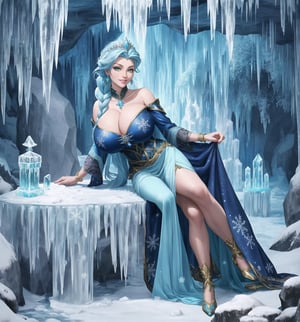 A masterpiece of digital art in the style of fantasy, magic, adventure, cold, and winter, rendered in ultra-high resolution with graphic details. | A 22-year-old woman named Elsa, wearing an ice sorceress costume in the color white with light blue and dark blue details. The costume has a long and flowing skirt, a blouse with long sleeves and a high collar, and a light blue tulle cape. She also wears a silver tiara with a blue stone in the center, silver earrings with snowflake-shaped pendants, silver bracelets on her hands, and a silver ring with a small diamond on her left hand. She has blue hair, short and messy, with a larger strand on the left side. Her green eyes are looking at the viewer, smiling, showing her white teeth and lips painted in light blue. The scene takes place in a frozen cave, with a rocky and white marble marble structure covered in ice, ice stalactites and stalagmites, an ice altar in the center, an ice pillar spread throughout the place, and ice sculptures and statues of mythical creatures. | The image highlights Elsa's imposing figure, with her light blue and dark blue details contrasting with the white of the costume and the cave. The details of the tiara, earrings, bracelets, and ring add a touch of elegance and sophistication to her appearance. Elsa's green eyes and her bright, smiling smile and light blue lips add a touch of life and color to the scene. The frozen cave is a magical and enchanted environment, with the rocky and white marble structures covered in ice, the ice stalactites and stalagmites, and the ice sculptures and statues of mythical creatures creating an atmosphere of fantasy and adventure. | Soft and cold lighting effects create a magical and enchanted atmosphere, while detailed textures on Elsa's costume, tiara, earrings, bracelets, ring, and the frozen cave add realism to the image. | A magical and enchanted scene of Elsa, an ice sorceress, in a frozen cave, exploring themes of fantasy, magic, and adventure. | (((((The image reveals a full-body shot as she assumes a sensual pose, engagingly leaning against a structure within the scene in an exciting manner. She takes on a sensual pose as she interacts, boldly leaning on a structure, leaning back in an exciting way)))))). | ((perfect body)), ((perfect pose)), ((full-body shot)), ((perfect fingers, better hands, perfect hands)), ((perfect legs, perfect feet)), (((huge_breasts, big_natural_breasts, sagging_breasts))), ((perfect design)), ((perfect composition)), ((very detailed scene, very detailed background, perfect layout, correct imperfections)), ((More Detail, Enhance)),