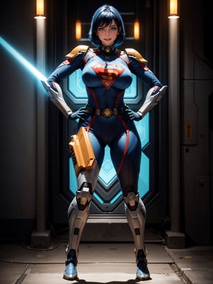 A woman, wearing mecha costume + Super Man costume, black costume with blue parts, belt suit, very large breasts, blue hair, short hair, punk hair, hair with bangs in front of the eyes, luminous helmet on the head, looking at the viewer, (((pose with interaction and leaning on [something|an object]))), in a cave with many machines, altars with ancient writing, robots, elevators, fully lit cave, ((full body):1.5), 16k, UHD, best possible quality, ultra detailed, best possible resolution, Unreal Engine 5, professional photography, well-detailed fingers, well-detailed hand, perfect_hands, ((mecha)) + ((super_man))