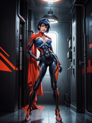 A woman, wearing mecha costume + Super Man costume, black costume with blue parts, belt suit, big breasts, blue hair, short hair, punk hair, hair with bangs in front of the eyes, luminous helmet on the head, looking at the viewer, (((pose with interaction and leaning on [something|an object]))), in an alien temple with many machines,  altars with old writing, robots, elevators, ((full body):1.5), 16k, UHD, best possible quality, ultra detailed, best possible resolution, Unreal Engine 5, professional photography, well-detailed fingers, well-detailed hand, perfect_hands, ((mecha)) + ((neon_genesis_evangelion)) + (super_man)