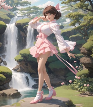 Masterpiece in maximum 16K resolution, in a style inspired by the anime Sakura_Card_Captor. | Sakura_Kinomoto, now 30 years old, displays all her maturity and magical power in a stunning all-white mage outfit adorned with pink details. Her short accordion skirt, white stockings with pink bands, and pink shoes complement the harmony of the look. We cannot help but highlight her gigantic_breasts, which are an intrinsic part of her unique beauty. | The scene unfolds in an ancient temple near a majestic waterfall, featuring white marble structures, altars with ancient writings, and a variety of spirit animals. Sakura is looking directly at the viewer, her green eyes radiating confidence as she offers a captivating smile. Her short brown hair with a large fringe in front of her right eye adds a contemporary touch to her image. The white beret with a pink band and golden accessories, including a golden star in the center, further enhances her magical presence. | The visual composition highlights the magic in the air, with appropriate lighting emphasizing the details of the outfit and the enchanted environment. | Sakura Kinomoto, at 30 years old, in a mage outfit inspired by Card Captor Sakura, displaying her gigantic_breasts in a mystical setting of an ancient temple next to a waterfall. | {The camera is positioned very close to her, revealing her entire body as she adopts a sensual_pose, interacting with and leaning on a structure in the scene in an exciting way.} | She is adopting a ((sensual_pose as interacts, boldly leaning on a structure, leaning back in an exciting way):1.3), ((perfect_pose), ((perfect_pose):1.5), (((full body))), ((perfect_fingers, hands, better_hands, perfect_hands, perfect_legs)), ((perfect_fingers, perfect_hands, perfect_legs):0.7), gigantic_breasts, (fingers, hand, perfect), More Detail,anime