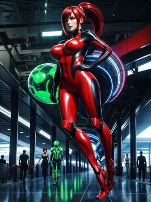 A woman, wearing a red mecha suit with green stripes, an extremely tight-fitting suit, monstrously gigantic breasts, red hair, very short hair, hair in a ponytail, bangs in front of her eyes, looking at the viewer, (((erotic pose interacting and leaning on an object))), in an alien airport, machines, multiple aliens of different ethnicities, background with different aliens walking through the airport in a futuristic environment, ((full body):1.5). 16k, UHD, best possible quality, ((best possible detail):1), best possible resolution, Unreal Engine 5, professional photography, ((Super Metroid))