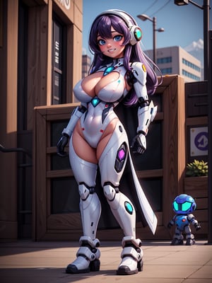 {((1woman))}, only she is {((white mecha suit with black parts, gears, cybernetic parts)), only she has ((giant breasts)), ((extroverted front pose, short purple hair, blue eyes)), staring at the viewer, smiling, ((in a futuristic city, it's daytime, bright sun, multiple monsters on the street, multiple robots on the street, multiple people with different ethnicities on the streets))}, ((full body):1.5), ( (Super Metroid)), 16k, best quality, best resolution, best sharpness,