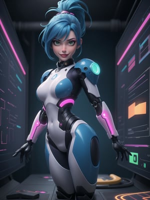 maximum detail, A woman is wearing a white mecha suit with blue parts, ((full body)). The suit has circular neon lights attached in various areas, and it fits tightly on her body. Her breasts are very large. She has blue hair, short, mohawk style, with a ponytail and a large fringe in front of her eyes. She is looking at the viewer. The scene takes place in a laboratory with many machines. There is a table with alchemy equipment, a computer, a plasma TV, a chair, and robots. ((She strikes a sensual pose, interacting with any object or item, leaning, resting and leaning against it)), 8k, best possible quality, ultra detailed, best possible resolution, Unreal Engine 5, professional photography, perfect hand, fingers, hand, perfect