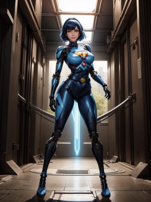 A woman, wearing mecha costume + Super Man costume, black costume with blue parts, belt suit, very large breasts, blue hair, short hair, punk hair, hair with bangs in front of the eyes, luminous helmet on the head, looking at the viewer, (((pose with interaction and leaning on [something|an object]))), in a cave with many machines, altars with ancient writing, robots, elevators, fully lit cave, ((full body):1.5), 16k, UHD, best possible quality, ultra detailed, best possible resolution, Unreal Engine 5, professional photography, well-detailed fingers, well-detailed hand, perfect_hands, ((mecha)) + ((super_man))