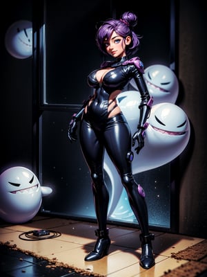 ((full body, standing):1.5), {((1 woman))}, {((wearing black futuristic costume with blank parts and gears and mechanical parts, extremely tight and tight on the body, showing her curvatures)), ((extremely large breasts)), ((very short purple hair, blue eyes)) looking at viewer, smiling, very happy, ((exhibitionist pose leaning back)), ((in ghost spaceship, all destroyed, old equipment, spider webs, a lot of dirt, windows, equipment on the floor))}, 16k, best quality, best resolution, best sharpness, ultra detailed,jolynejojo