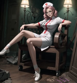 An ultra-detailed 16K masterpiece featuring gothic, horror and medical styles, rendered in ultra-high resolution with realistic details. | Maria, a young 23-year-old woman, dressed in a white nurse's outfit with red details, consisting of a white blouse with buttons, a white skirt and white shoes. Her short, curly pink hair is slicked back with a white headband. ((His green eyes look at the viewer, smiling and showing his white teeth, wearing prescription glasses)). It is located in a macabre and dark hospital, with destroyed marble structures, wooden structures, old and dirty medical equipment, and broken monitoring devices. The dim, yellow light illuminates the place, creating eerie shadows on the walls and floor. | The image highlights Maria's professional and caring figure and the frightening elements of the hospital. The destroyed marble structures, wooden structures, old and dirty medical equipment, broken monitoring devices, along with the nurse, create a scary and medical environment. Dim, yellow lighting highlights details in the scene and creates eerie shadows. | Dark, dramatic lighting effects create a tense and frightening atmosphere, while rough, detailed textures on structures and costume add realism to the image. | A gothic, horror and medical scene of a young nurse in a macabre hospital, fusing elements of gothic, horror and medical art. | (((The image reveals a full-body shot as Maria assumes a relaxed pose, engagingly leaning against a structure within the scene in an exciting manner. She takes on a relaxed pose as she interacts, boldly leaning on a structure, leaning back and boldly throwing herself onto the structure, reclining back in an exhilarating way.))). | ((((full-body shot)))), ((perfect pose, perfect body):1.2), ((perfect arms):1.2), ((perfect limbs, perfect fingers, better hands, perfect hands, hands)), ((perfect legs, perfect feet):1.2), ((perfect design)), ((perfect composition)), ((very detailed scene, very detailed background, perfect layout, correct imperfections)), Enhance++, Ultra details++, More Detail, poakl