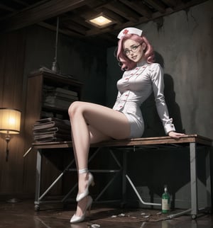 An ultra-detailed 16K masterpiece featuring gothic, horror and medical styles, rendered in ultra-high resolution with realistic details. | Maria, a young 23-year-old woman, dressed in a white nurse's outfit with red details, consisting of a white blouse with buttons, a white skirt and white shoes. Her short, curly pink hair is slicked back with a white headband. ((His green eyes look at the viewer, smiling and showing his white teeth, wearing prescription glasses)). It is located in a macabre and dark hospital, with destroyed marble structures, wooden structures, old and dirty medical equipment, and broken monitoring devices. The dim, yellow light illuminates the place, creating eerie shadows on the walls and floor. | The image highlights Maria's professional and caring figure and the frightening elements of the hospital. The destroyed marble structures, wooden structures, old and dirty medical equipment, broken monitoring devices, along with the nurse, create a scary and medical environment. Dim, yellow lighting highlights details in the scene and creates eerie shadows. | Dark, dramatic lighting effects create a tense and frightening atmosphere, while rough, detailed textures on structures and costume add realism to the image. | A gothic, horror and medical scene of a young nurse in a macabre hospital, fusing elements of gothic, horror and medical art. | (((The image reveals a full-body shot as Maria assumes a relaxed pose, engagingly leaning against a structure within the scene in an exciting manner. She takes on a relaxed pose as she interacts, boldly leaning on a structure, leaning back and boldly throwing herself onto the structure, reclining back in an exhilarating way.))). | ((((full-body shot)))), ((perfect pose, perfect body):1.2), ((perfect arms):1.2), ((perfect limbs, perfect fingers, better hands, perfect hands, hands)), ((perfect legs, perfect feet):1.2), ((perfect design)), ((perfect composition)), ((very detailed scene, very detailed background, perfect layout, correct imperfections)), Enhance++, Ultra details++, More Detail, poakl