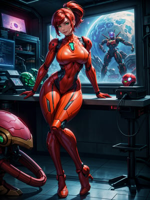 A woman, wearing a red mecha suit with green stripes, an extremely tight-fitting suit, monstrously gigantic breasts, red hair, very short hair, hair in a ponytail, bangs in front of her eyes, looking at the viewer, (((erotic pose interacting and leaning on an object))), in a laboratory, machines, robots with different colors, windows showing outer space outside the window, ((full body):1.5). 16k, UHD, best possible quality, ((best possible detail):1), best possible resolution, Unreal Engine 5, professional photography, ((Super Metroid)),