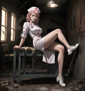 An ultra-detailed 16K masterpiece featuring gothic, horror and medical styles, rendered in ultra-high resolution with realistic details. | Maria, a young 23-year-old woman, dressed in a white nurse's outfit with red details, consisting of a white blouse with buttons, a white skirt and white shoes. Her short, curly pink hair is slicked back with a white headband. His green eyes look at the viewer, smiling and showing his white teeth, wearing prescription glasses. It is located in a macabre and dark hospital, with destroyed marble structures, wooden structures, old and dirty medical equipment, and broken monitoring devices. The dim, yellow light illuminates the place, creating eerie shadows on the walls and floor. | The image highlights Maria's professional and caring figure and the frightening elements of the hospital. The destroyed marble structures, wooden structures, old and dirty medical equipment, broken monitoring devices, along with the nurse, create a scary and medical environment. Dim, yellow lighting highlights details in the scene and creates eerie shadows. | Dark, dramatic lighting effects create a tense and frightening atmosphere, while rough, detailed textures on structures and costume add realism to the image. | A gothic, horror and medical scene of a young nurse in a macabre hospital, fusing elements of gothic, horror and medical art. | (((The image reveals a full-body shot as Maria assumes a relaxed pose, engagingly leaning against a structure within the scene in an exciting manner. She takes on a relaxed pose as she interacts, boldly leaning on a structure, leaning back and boldly throwing herself onto the structure, reclining back in an exhilarating way.))). | ((((full-body shot)))), ((perfect pose, perfect body):1.2), ((perfect arms):1.2), ((perfect limbs, perfect fingers, better hands, perfect hands, hands)), ((perfect legs, perfect feet):1.2), ((perfect design)), ((perfect composition)), ((very detailed scene, very detailed background, perfect layout, correct imperfections)), Enhance, Ultra details++, More Detail, poakl