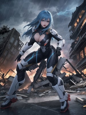 Impeccable 8K resolution, ultra-detailed. In a fusion style of mecha and CGI anime, with traits reminiscent of futuristic aesthetics. | Amidst the destruction of a city at night, under heavy rain, a 30-year-old woman, clad in a white mecha suit with blue details and golden neon lights, displays an intense expression of hatred and fury. Her voluminous bust and spiky blue hair, with a fringe covering part of her right eye, add a distinctive touch to her presence. She stares directly at the viewer, emanating a blue magical aura with pulsating thunder around her. | The composition highlights the character in the foreground, while massive debris from destroyed buildings and wreckage of machines fill the scene. The dynamic angle emphasizes the strength and determination of the woman amidst the chaos. | Effects like dramatic lighting, intense rain, and thunder flashes create an electrifying atmosphere. The intensity of the magical aura adds a supernatural touch to the scene, heightening the character's sense of power. | A commanding woman in a white mecha suit, expressing anger and determination amid the destruction of a city at night under heavy rain. She ((interacting and leaning on anything, very large structure+object, leaning against, sensual pose):1.2), ((Full body image)), better_hands, More Detail