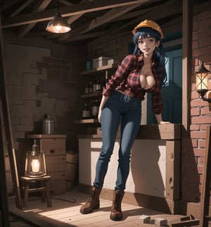 An ultra-detailed 4K masterpiece with industrial and horror styles, rendered in ultra-high resolution with realistic graphical details. | Naiya, a young 23-year-old woman with huge breasts, is dressed in a construction worker's outfit, consisting of a red and black plaid shirt, tight jeans, black work boots, and a yellow hard hat. She is also wearing brown leather gloves, silver heart earrings, and a black leather bracelet. Her blue hair is long and straight, falling over her shoulders in a half-up hairstyle. ((She has red eyes, which are looking straight at the viewer with a seductive smile, showing her shiny white teeth)). It is located in a house under construction, with rubble and bricks scattered across the floor. The place is dark and poorly lit, with lamps scattered across the floor. The rock and wooden structures are under construction, creating an industrial and uncomfortable atmosphere. | The image highlights Naiya's sensual figure and the architectural elements of the house under construction. The rock and wooden structures under construction, along with the rubble and lamps, create an industrial and horror atmosphere. Dim, intermittent lights illuminate the scene, creating eerie shadows and highlighting the details of the scene. | Soft, shadowy lighting effects create a tense, fear-filled atmosphere, while detailed textures on skin and clothing add realism to the image. | A frightening and seductive scene of a young woman dressed as a construction worker in a house under construction, exploring themes of industrial, horror, fear and seduction. | (((The image reveals a full-body shot as Naiya assumes a sensual pose, engagingly leaning against a structure within the scene in an exciting manner. She takes on a sensual pose as she interacts, boldly leaning on a structure, leaning back and boldly throwing herself onto the structure, reclining back in an exhilarating way.))). | ((((full-body shot)))), ((perfect pose)), ((perfect arms):1.2), ((perfect limbs, perfect fingers, better hands, perfect hands, hands)), ((perfect legs, perfect feet):1.2), Naiya has (((huge breasts))), ((perfect design)), ((perfect composition)), ((very detailed scene, very detailed background, perfect layout, correct imperfections)), Enhance, Ultra details, More Detail, ((poakl))