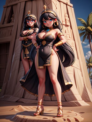 ((full body, standing):1.5), {((1woman))}, {((body completely swaddled with white bands, in black Egyptian clothing with gold parts)), ((extremely large breasts)), ((very short black hair, blue eyes)) looking at the viewer, smiling, very happy, ((exhibitionist pose leaning against it)), ((in front of a pyramid, entrance, statues, sand, sand wind, coconut trees, it's daylight, strong sun))}, 16k, best quality, best resolution, best sharpness, ultra detailed