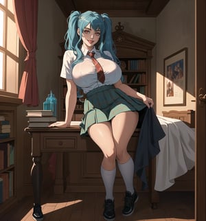 A 16K ultra-detailed masterpiece in realistic and adventure styles, rendered in ultra-high resolution with graphic details. | Aya, a 23-year-old young woman with enormous breasts, wearing a school uniform including a plaid skirt, a white blouse, knee-high socks, black shoes, and a tie. Long blue hair with two pigtails secured with metallic clips. Red eyes, looking at the viewer, smiling and showing teeth, wearing red lipstick and rosy cheeks. Located in a room with walls decorated with posters, an unmade bed, a study table with books and notebooks, and personal items scattered around. Natural light from the window illuminates the scene, highlighting the typical disorder of a gothic room. | The image emphasizes Aya's imposing figure and the architectural elements of the room. The rocky, wooden, and marble structures, along with the young woman, the bed, the study table, the posters, and the personal items, create a frightening and seductive atmosphere. The natural light from the window creates dramatic shadows and highlights the details of the scene. | Soft and somber lighting effects create a relaxing and mysterious atmosphere, while rough and detailed textures in the structures and the outfit add realism to the image. | A relaxing and terrifying scene of a young woman in a gothic room, blending elements of macabre art and fantasy. | (((The image reveals a full-body shot as Aya assumes a sensual pose, engagingly leaning against a structure within the scene in an exciting manner. She takes on a sensual pose as she interacts, boldly leaning on a structure, leaning back and boldly throwing herself onto the structure, reclining back in an exhilarating way.))). | (((full-body shot))), perfect pose++, perfect arms++, perfect limbs++, perfect fingers++, better hands++, perfect hands++, hands++, perfect legs++, perfect feet++, Aya has perfect breasts++, firm breasts++, saggy breasts++, huge breasts++, perfect composition++, correct imperfections++, Enhance++, More Detail++, poakl++