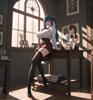 A 16K ultra-detailed masterpiece in realistic and adventure styles, rendered in ultra-high resolution with graphic details. | Aya, a 23-year-old young woman with enormous breasts, wearing a school uniform including a plaid skirt, a white blouse, knee-high socks, black shoes, and a tie. Long blue hair with two pigtails secured with metallic clips. Red eyes, looking at the viewer, smiling and showing teeth, wearing red lipstick and rosy cheeks. Located in a room with walls decorated with posters, an unmade bed, a study table with books and notebooks, and personal items scattered around. Natural light from the window illuminates the scene, highlighting the typical disorder of a gothic room. | The image emphasizes Aya's imposing figure and the architectural elements of the room. The rocky, wooden, and marble structures, along with the young woman, the bed, the study table, the posters, and the personal items, create a frightening and seductive atmosphere. The natural light from the window creates dramatic shadows and highlights the details of the scene. | Soft and somber lighting effects create a relaxing and mysterious atmosphere, while rough and detailed textures in the structures and the outfit add realism to the image. | A relaxing and terrifying scene of a young woman in a gothic room, blending elements of macabre art and fantasy. | (((The image reveals a full-body shot as Aya assumes a sensual pose, engagingly leaning against a structure within the scene in an exciting manner. She takes on a sensual pose as she interacts, boldly leaning on a structure, leaning back and boldly throwing herself onto the structure, reclining back in an exhilarating way.))). | (((full-body shot))), perfect pose++, perfect arms++, perfect limbs++, perfect fingers++, better hands++, perfect hands++, hands++, perfect legs++, perfect feet++, Aya has perfect breasts++, firm breasts++, saggy breasts++, huge breasts++, perfect composition++, correct imperfections++, Enhance++, More detail++, poakl++