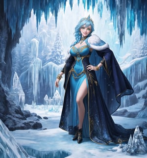 A masterpiece in the style of fantasy, magic, adventure, cold, and winter, rendered in ultra-high resolution with graphic details. | A 25-year-old woman named Luna, wearing an ice sorceress outfit in the color white with details in light blue and dark blue. The outfit has a long and flowing skirt, a blouse with long sleeves and a high collar, and a light blue-colored tulle cape. She also wears a silver tiara with a blue stone in the center, silver earrings with snowflake-shaped pendants, silver bracelets on her hands, and a silver ring with a small diamond on her left hand. She has blue hair, short and messy, with a larger strand on the left side. Her green eyes are looking at the viewer, ((smiling showing her white teeth)) and her lips are painted light blue. The scene takes place in a frozen cave, with rocky structures and white marble structures covered in ice, ice stalactites and stalagmites, an ice altar in the center, ice pillars scattered around, and ice sculptures and statues of mythical creatures. | The image highlights Luna's imposing figure, with her light blue and dark blue details contrasting with the white of the outfit and the cave. The details of the tiara, earrings, bracelets, and ring add a touch of elegance and sophistication to her appearance. Luna's green eyes and her bright, smiling smile and light blue lips add a touch of life and color to the scene. The frozen cave is a magical and enchanted environment, with the rocky and marble marble structures covered in ice, ice stalactites and stalagmites, and the ice sculptures and statues of mythical creatures creating a fantasy and adventure atmosphere. | Soft and cold lighting effects create a magical and enchanted atmosphere, while detailed textures on Luna's outfit, tiara, earrings, bracelets, ring, and the frozen cave add realism to the image. | A magical and enchanted scene of Luna, an ice sorceress, in a frozen cave, exploring themes of fantasy, magic, and adventure. | (((((The image reveals a full-body_shot as she assumes a sensual_pose, engagingly leaning against a structure within the scene in an exciting manner. She takes on a sensual_pose as she interacts, boldly leaning on a structure, leaning back in an exciting way))))). | ((perfect_body)), ((perfect_pose)), ((full-body_shot)), ((perfect_fingers, better_hands, perfect_hands)), ((perfect_legs, perfect_feet)), (((huge breasts))), ((perfect_design)), ((perfect_composition)), ((very detailed scene, very detailed background, perfect_layout, correct_imperfections)), ((More Detail, Enhance))