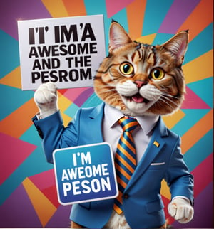 ((Masterpiece in maximum 16K resolution, cartoon style, emphasizing humor and dynamic 3D perspective)). | A stylish cat, dressed in an elegant suit and tie, is holding a sign with the inscription "I'm awesome." He has a confident, arrogant look, as if he knows he's the coolest person in the room. His well-groomed fur, thin mustaches and playful facial expression add even more personality to the scene. | The setting includes an abstract and colorful background, with geometric elements and soft textures, further highlighting the cat's style and elegance. | Three-dimensional composition. | With cinematic lighting and elements such as sparkles, soft lighting, softness and particles add dynamism. | Scene of a stylish cat holding a sign that says "I'm awesome." | The camera is positioned very close to him, revealing his entire body as he assumes a dynamic pose, interacting with and leaning against a structure in the scene in an exciting way. | (((He takes a dynamic pose as he interacts, boldly leaning on a structure, leaning back in an exciting way.))), (((((full-body image))))), ((perfect pose, perfect anatomy, perfect body)), ((better hands, perfect fingers, perfect legs, perfect hands)), (((perfect composition, perfect design, perfect layout, correct imperfections))), ((Add more detail, More Detail, Enhance))