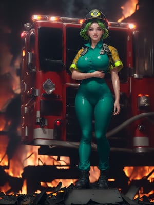 ((Full body):2) {((Only one woman):2)}; {Only one woman}:{((She is wearing an extremely tight firefighter suit, with a firefighter hat):1.5), She has ((extremely large breasts):1.5), She has ((very short green hair and sparkling green eyes):1.5), She is ((looking at the viewer, smiling):1.5), She is wearing ((clothes all wet with water leaving the transparent one):1.5), She is doing ((erotic pose for the spectator):1.5)}; {Background:((She's in a burning building, there's a fire truck behind putting out the fire):1.5)}, Hyperrealism, 16k, ((best quality, high details):1.4), anatomically correct, UHD, masterpiece, ambient lighting