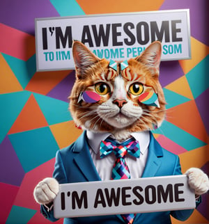 ((Masterpiece in maximum 16K resolution, cartoon style, emphasizing humor and dynamic 3D perspective)). | A stylish cat, dressed in an elegant suit and tie, is holding a sign with the inscription (("I'm awesome.")) He has a confident, arrogant look, as if he knows he's the coolest person in the room. His well-groomed fur, thin mustaches and playful facial expression add even more personality to the scene. | The setting includes an abstract and colorful background, with geometric elements and soft textures, further highlighting the cat's style and elegance. | Three-dimensional composition. | With cinematic lighting and elements such as sparkles, soft lighting, softness and particles add dynamism. | Scene of a stylish cat holding a sign that says "I'm awesome." | The camera is positioned very close to him, revealing his entire body as he assumes a dynamic pose, interacting with and leaning against a structure in the scene in an exciting way. | (((He takes a dynamic pose as he interacts, boldly leaning on a structure, leaning back in an exciting way.))), (((((full-body image))))), ((perfect pose, perfect anatomy, perfect body)), ((better hands, perfect fingers, perfect legs, perfect hands)), (((perfect composition, perfect design, perfect layout, correct imperfections))), ((Add more detail, More Detail, Enhance))