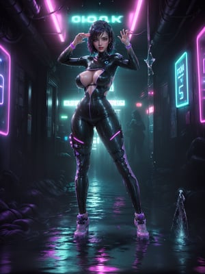 ((Full body):2) {((Solo/Just a 30 year old woman):2)}:{((wearing black cyberpunk costume with neon lights extremely tight and tight on the body, semi transparent):1.5), ((extremely large breasts):1.5), only she has ((very short purple hair, green eyes):1.5), ((looking at viewer, maniacal smile):1.5), She has ((body/attire all soaked in water):1.5) she is doing ((erotic pose):1.5)}; {Background:In a futuristic city raining heavily, she is in front of a(futuristic car traffic):1.5)}, Hyperrealism, 16k, ((best quality, high details):1.4), anatomically correct, masterpiece , UHD
