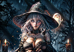 haunted forest background, lamps in the forest, 1 voluptuous young ghost woman, walking, long white hair, eyes, hair between eyes, very big breasts, alone, flushed skin, torn old black witch clothes, old torn witch hat black witch, broken ornaments, floating candles