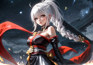 magazine cover, japanese text, 1 girl, night sky, crystal, white ice crystal double katanas, white elbow gloves, bare shoulders, white clothing, looking at viewer, brown eyes, long white hair, white big breasts, breasts whites, braid, white official alternate costume, ponytail, saki fuwa (fantasy tower), white flower background, very long white hair, solo, fantasy tower, white dress, white gloves, white hair