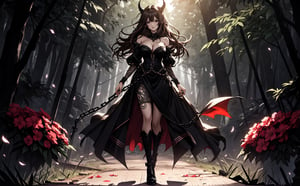 A voluptuous devil woman, light brown eyes, looking towards the viewer, very messy hair, dark black hair, very long hair, very loose hair, thighs, only 2 hands with 5 fingers on each hand, only 2 legs with 5 fingers on each leg, dirty body, alone, tattoos all over the body, walking, outdoors, night, dark night forest, chains all over the body, rusty chains, broken chains, many chains, several horns, big hips and breasts, black flowers,  (extremely detailed CG unity 8k wallpaper), (masterpiece), (best quality), (ultra-detailed), (best illustration),(best shadow), (an extremely delicate and beautiful), fine detail, (bloom), (shine),  Beautiful, detailed eyes, (waifu, anime, exceptional, best aesthetic, new, newest, best quality, masterpiece, extremely detailed)