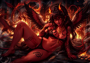 Masterpiece, Best quality, High resolution, Voluptuous woman, temple, night, burning temple, smoke, Only woman, Curves, Masterpiece, Big breasts, happy expression, broken tattoos, black hair, messy hair, tortuous pain, background fiery, white temples, gold necklace, brown eyes, long hair, dynamic pose, burning feathers, demon horns, navel, burns, ashes, burning feathers, demonic marks, corruption, smoke everywhere, red demon, angel wings burned on the back, torn angel costume,