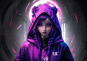 masterpiece, top quality, best quality, official art, beautiful and aesthetic, 1 woman, extremely detailed, colorful, most detailed, ppcp, monochromatic, black, purple, dynamic pose, braids, hood,