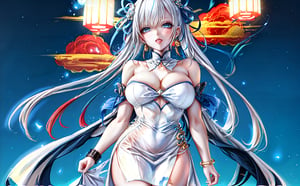 1 voluptuous woman, alone, very long hair, blue elbow bracelets, fabric bracelets, bare shoulders, white neckline, cropped clothing, belts, white multi-color hair, short light blue streaks, blue bow, 1 low ponytail, pigtails straight haired twin girls, traditional chinese hairstyle, multi colored dress, white blue porcelain dress, light blue eyes, ice, solo, looking at viewer, white thighs, strapless dress, very long hair, walking, big boobs