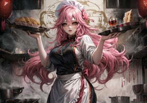 one woman, voluptuous, large breasts, pink hair, long wavy hair, side locks, hair between eyes, yellow eyes, white chef's clothes, chef's hat, in a pastry kitchen, cooking, Chinese style, dynamic pose,
pink flower decorations on clothes