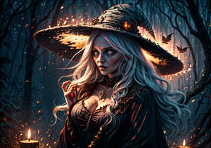 haunted forest background, lamps in the forest, 1 voluptuous young ghost woman, walking, long white hair, eyes, hair between eyes, very big breasts, alone, flushed skin, torn old black witch clothes, old torn witch hat black witch, broken ornaments, floating candles