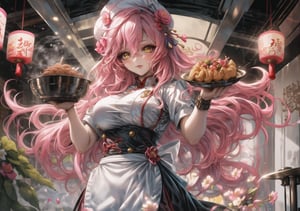 one woman, voluptuous, large breasts, pink hair, long wavy hair, side locks, hair between eyes, yellow eyes, white chef's clothes, chef's hat, in a pastry kitchen, cooking, Chinese style, dynamic pose,
pink flower decorations on clothes,mecha