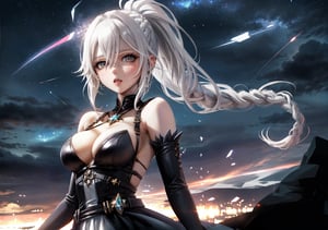 1girl, absurdres, bare_shoulders, braid, breasts, brown_eyes, crystal, white dress, elbow_gloves, gloves, hair_between_eyes, highres, ice_crystal, large_breasts, long_hair, looking_at_viewer, night, night_sky, official_alternate_costume, ponytail, r1n54234459, saki_fuwa_(tower_of_fantasy), sky, solo, star_(sky), starry_sky, tower_of_fantasy, very_long_hair, white_dress, white_gloves, white_hair