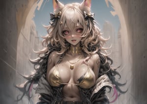 Masterpiece, Best quality, High resolution, voluptuous woman, desert city background, Only woman, Curves, Masterpiece, big breasts, happy expression, broken tattoos, two-tone white and yellow streaked hair, tortuous pain, dark pink necklace, dark pink eyes, long hair, happy pose, yellow animal ears, blushing skin, navel, gold nuggets, white and yellow Egyptian bikini, tanned skin, tender, naked, white sneakers, bikini with yellow bows, dark pink belt, thong , thighs